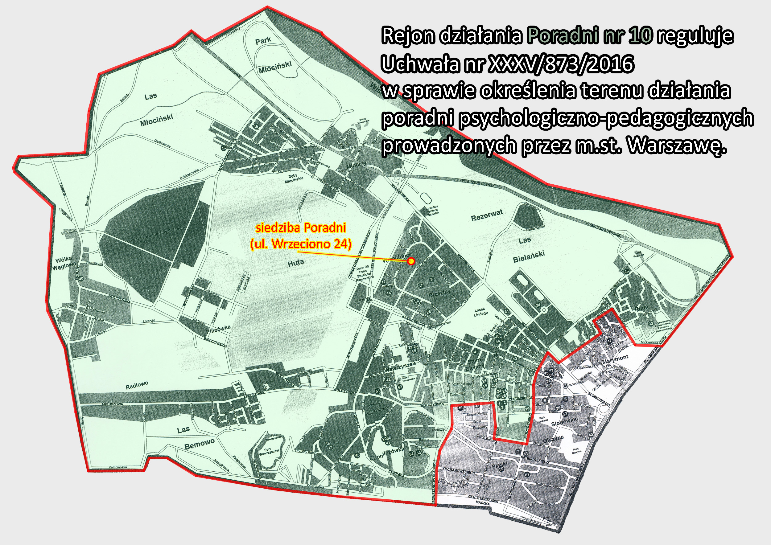 plan dzielnicy Bielany z zaznaczonym rejonem działania Poradni nr 10